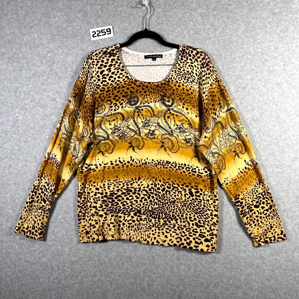 Pierri New York Top Womens 1X Black Yellow Leopard Print Stretch Round Neck